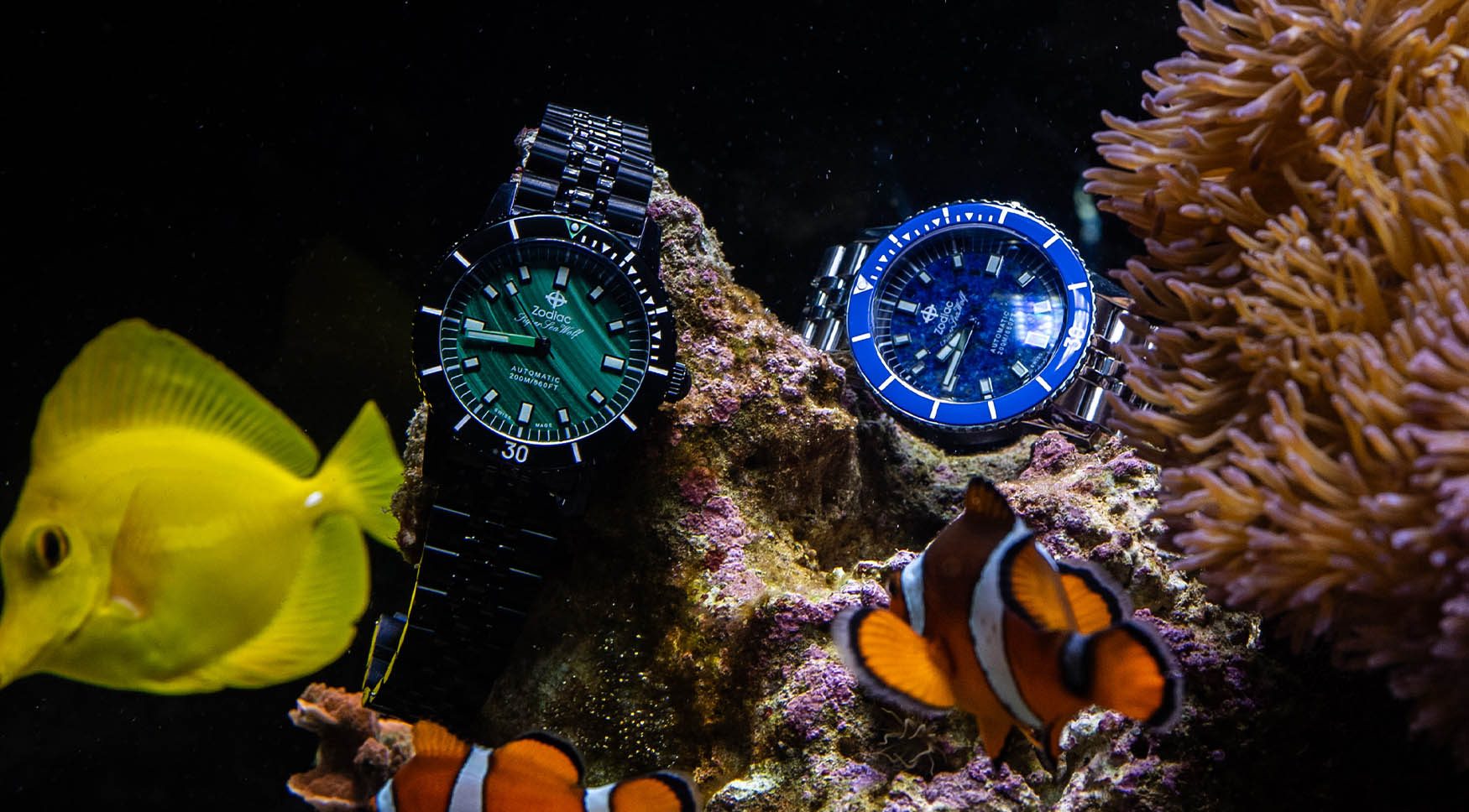 Zodiac super sea wolf stone dials feature