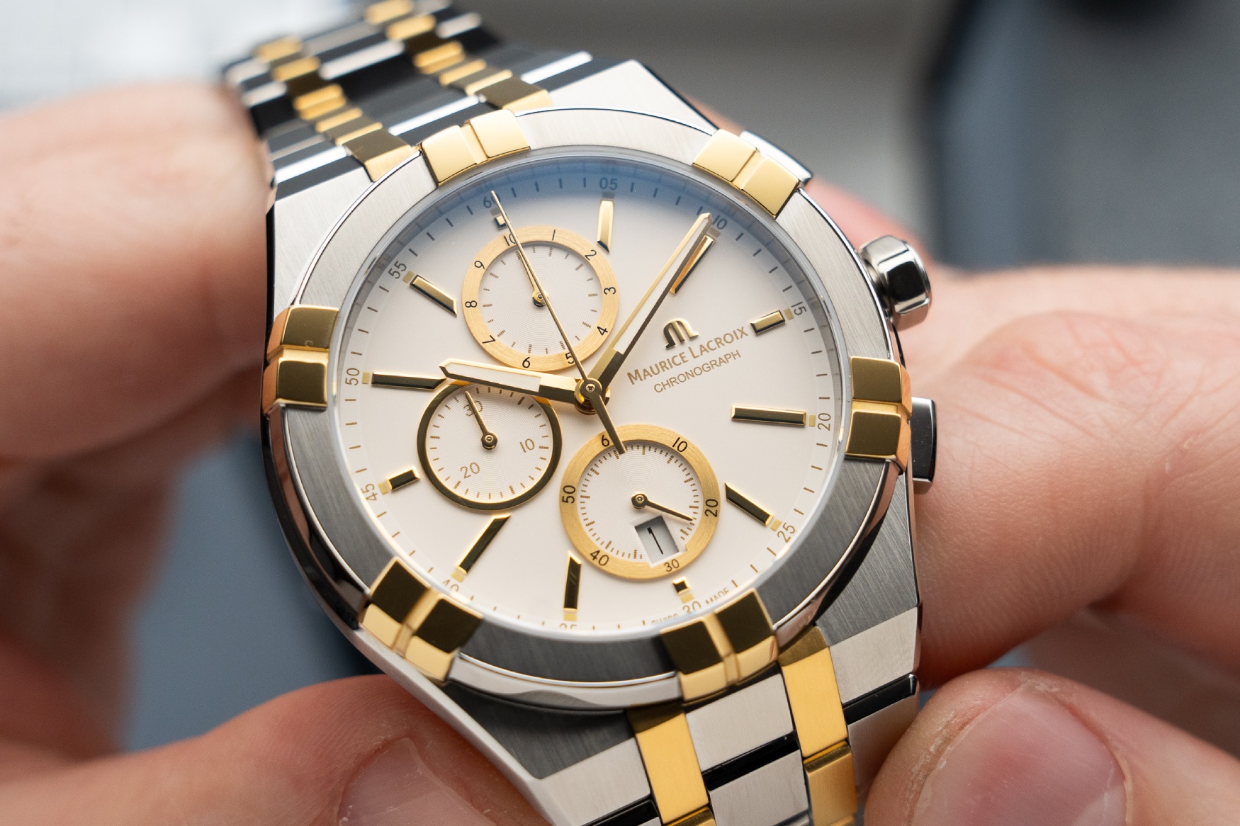 Maurice Lacroix Icon Quartz Chronograph Two Tone Dial Closeup