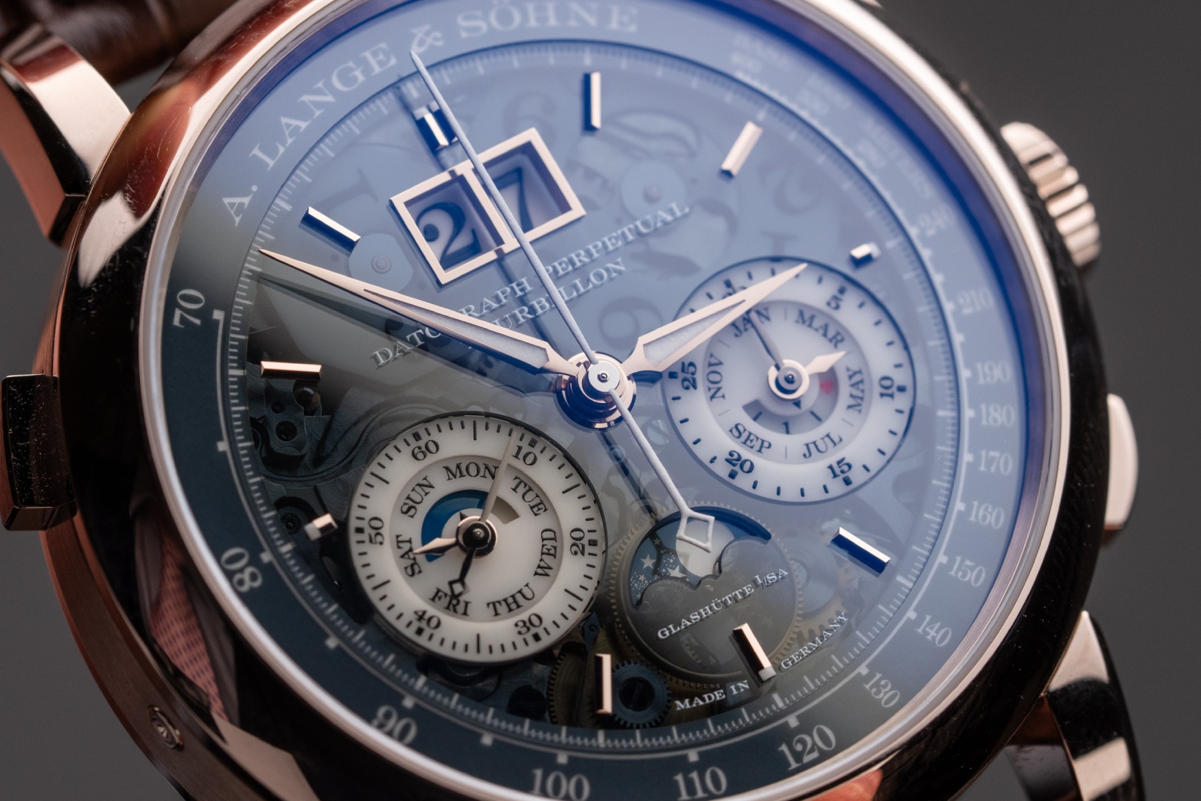 Lange Sohne Datograph Perpetual Tourbillon HoneygoldLumen Dial Close-up