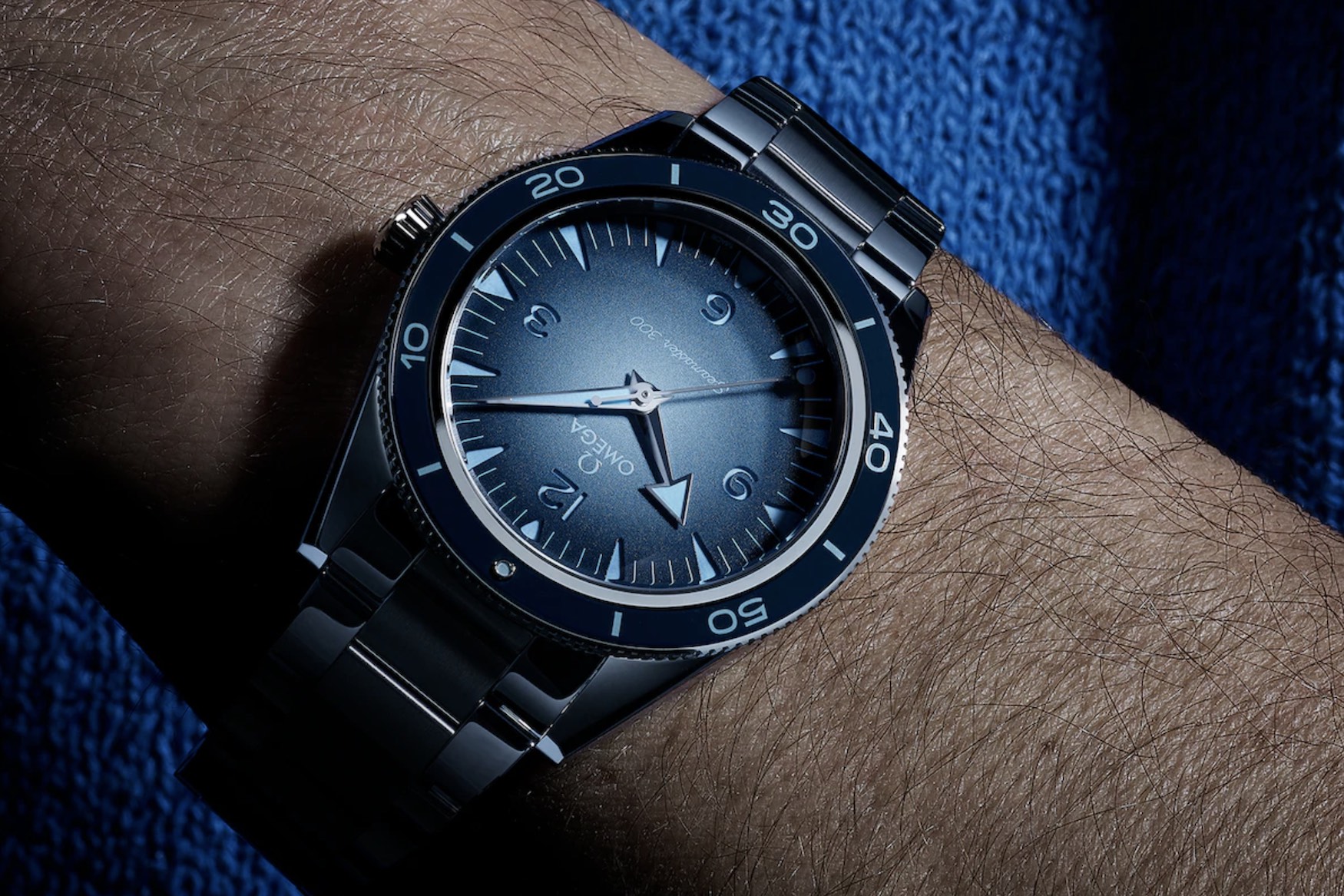 Omega Seamaster 300 Summer Blue on the wrist