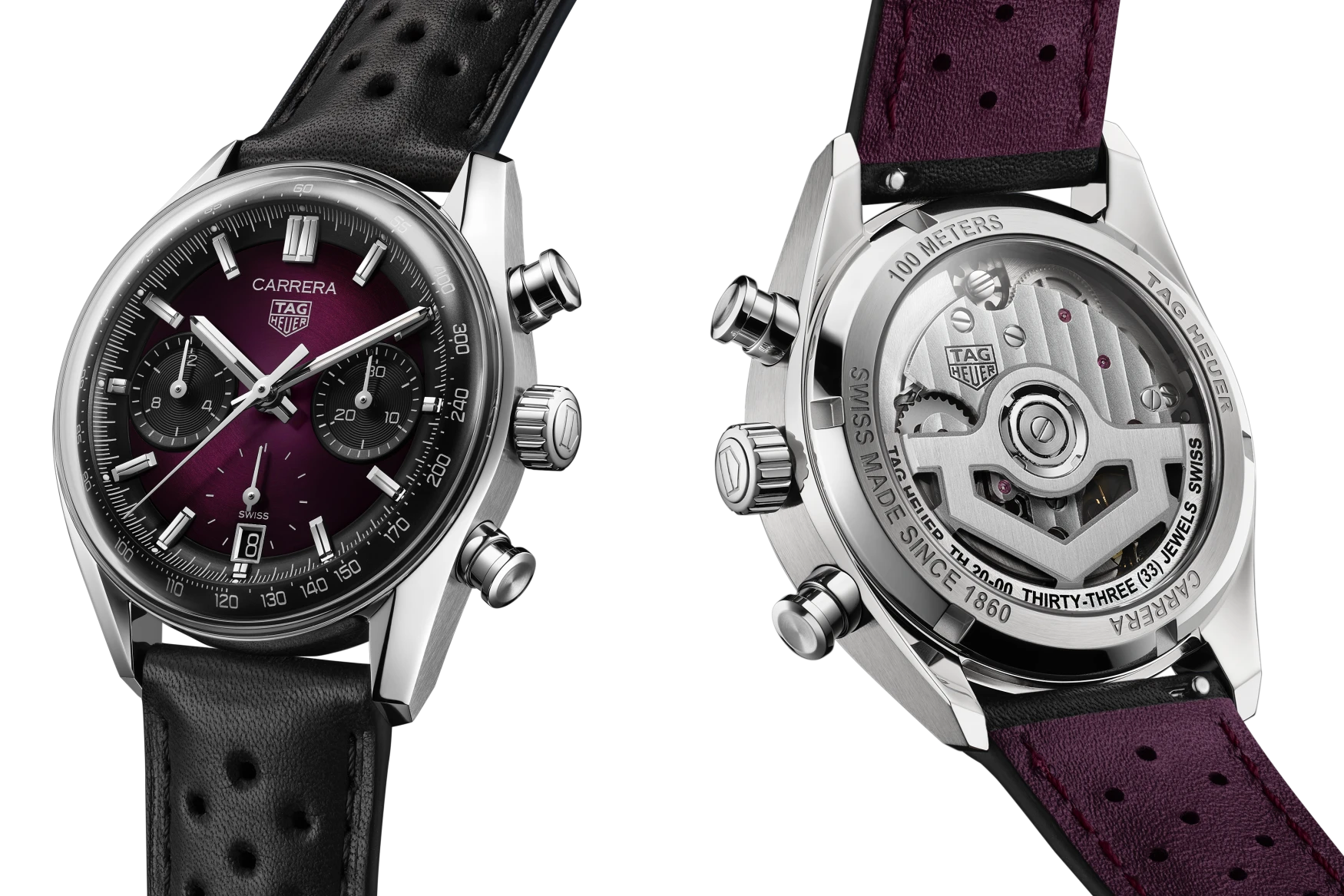 tag heuer carerra chronograph purple front back