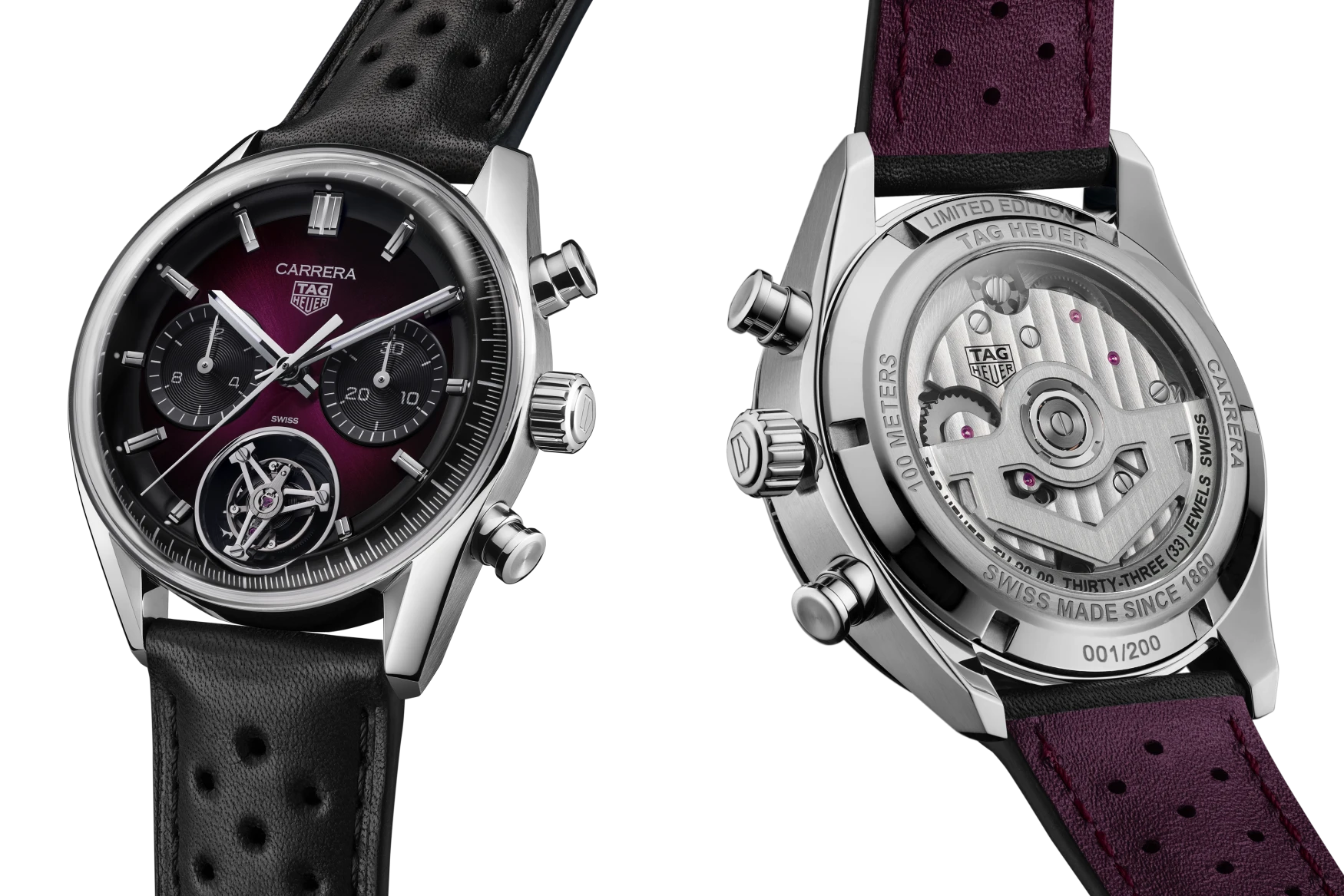 tag heuer carerra chronograph tourbillon purple front back