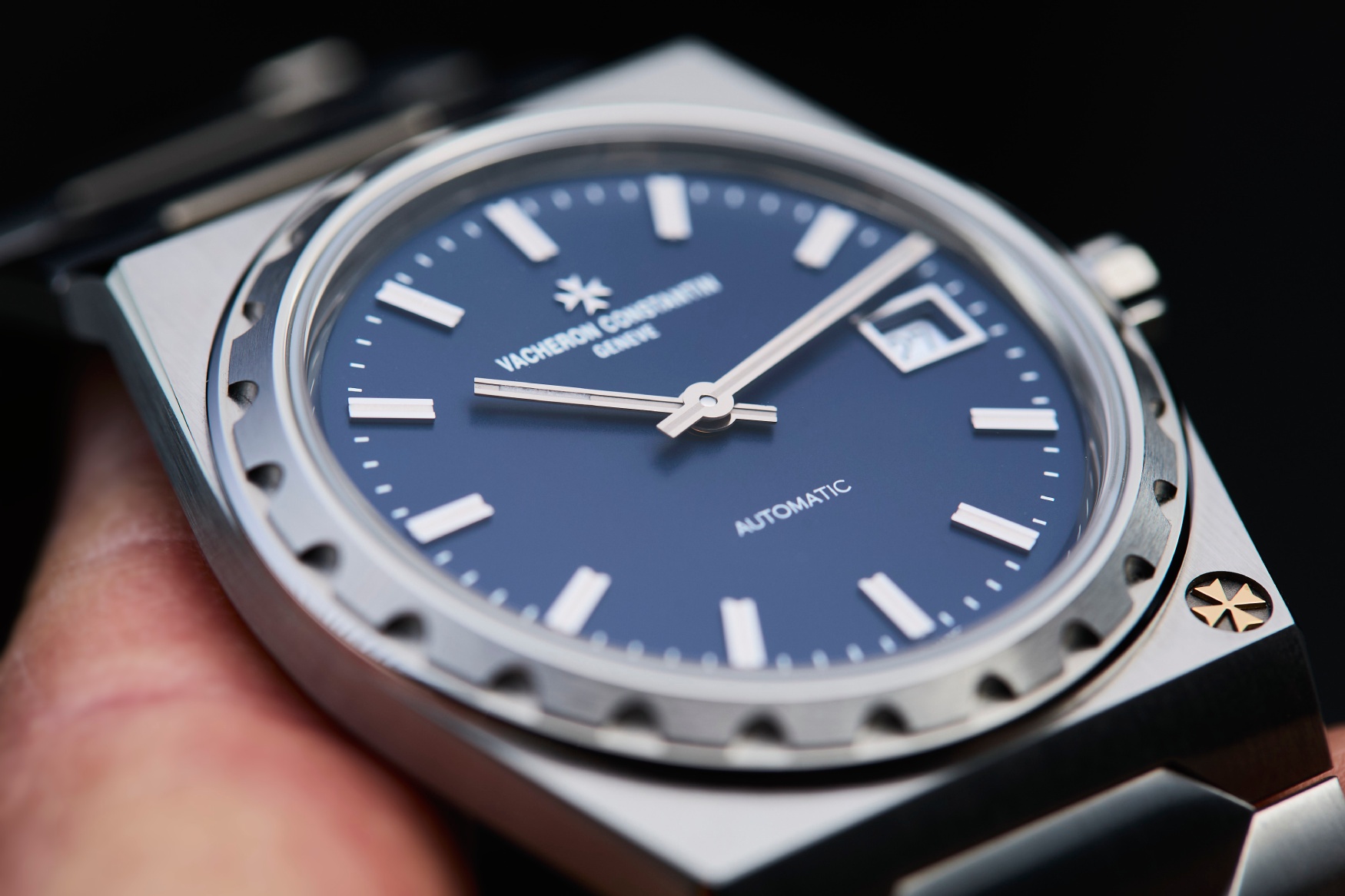 Close-up of Vacheron Constantin Historique steel blue case