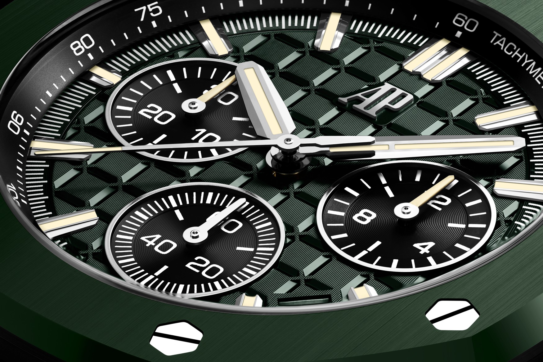 Audemars Piguet Royal Oak Offshore Selfwinding Chronograph 43mm Green Ceramic Bezel closeup