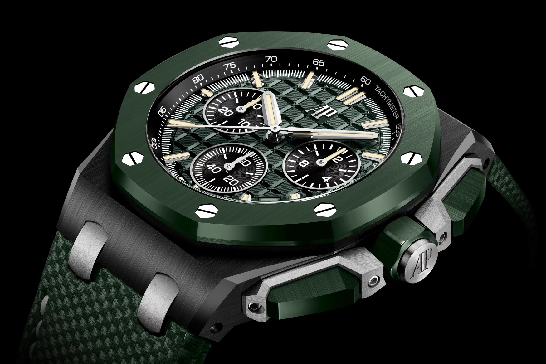 Đồng hồ bấm giờ tự lên dây cót Audemars Piguet Royal Oak Offshore 43mm vành gốm xanh