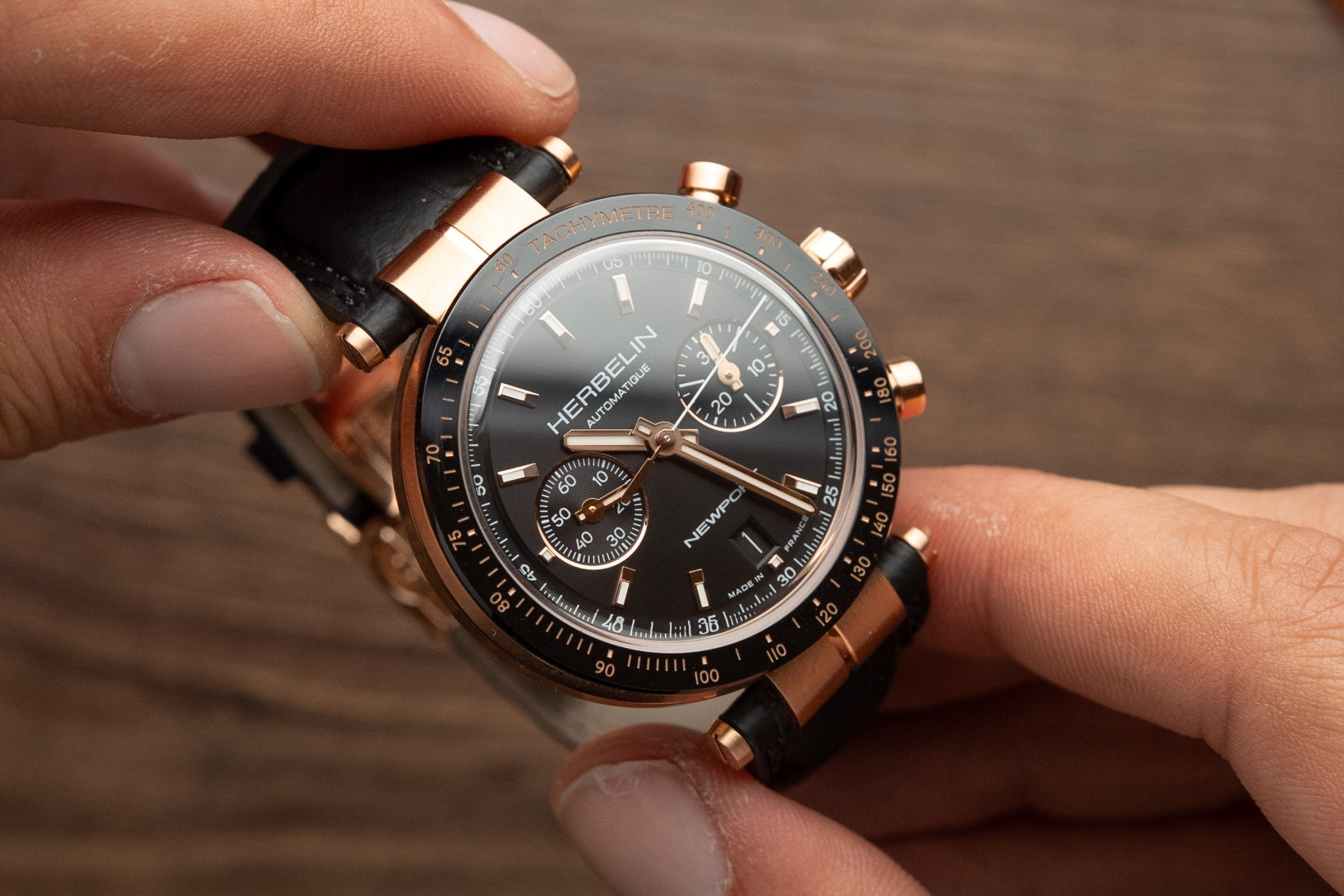 herbelin newport heritage chronograph dial close up