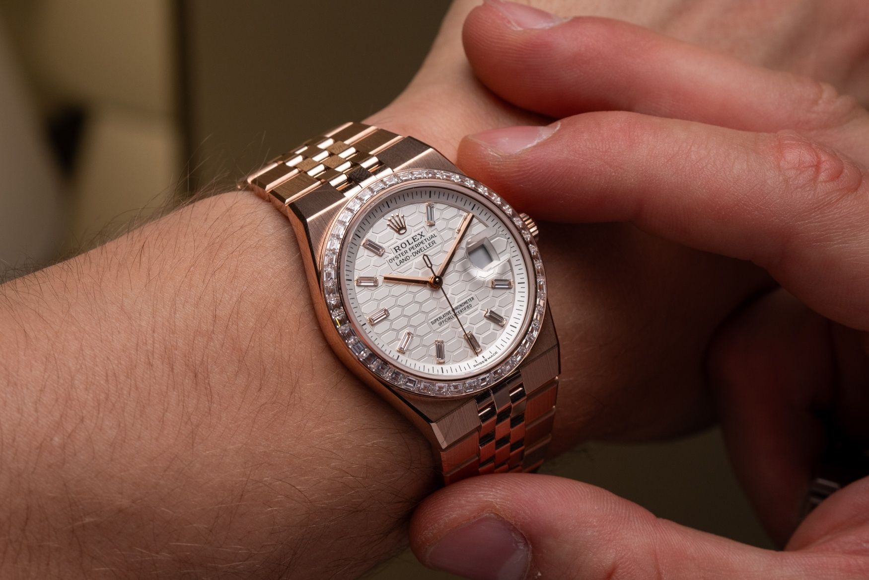 rolex land dweller 36 everose gem set wrist