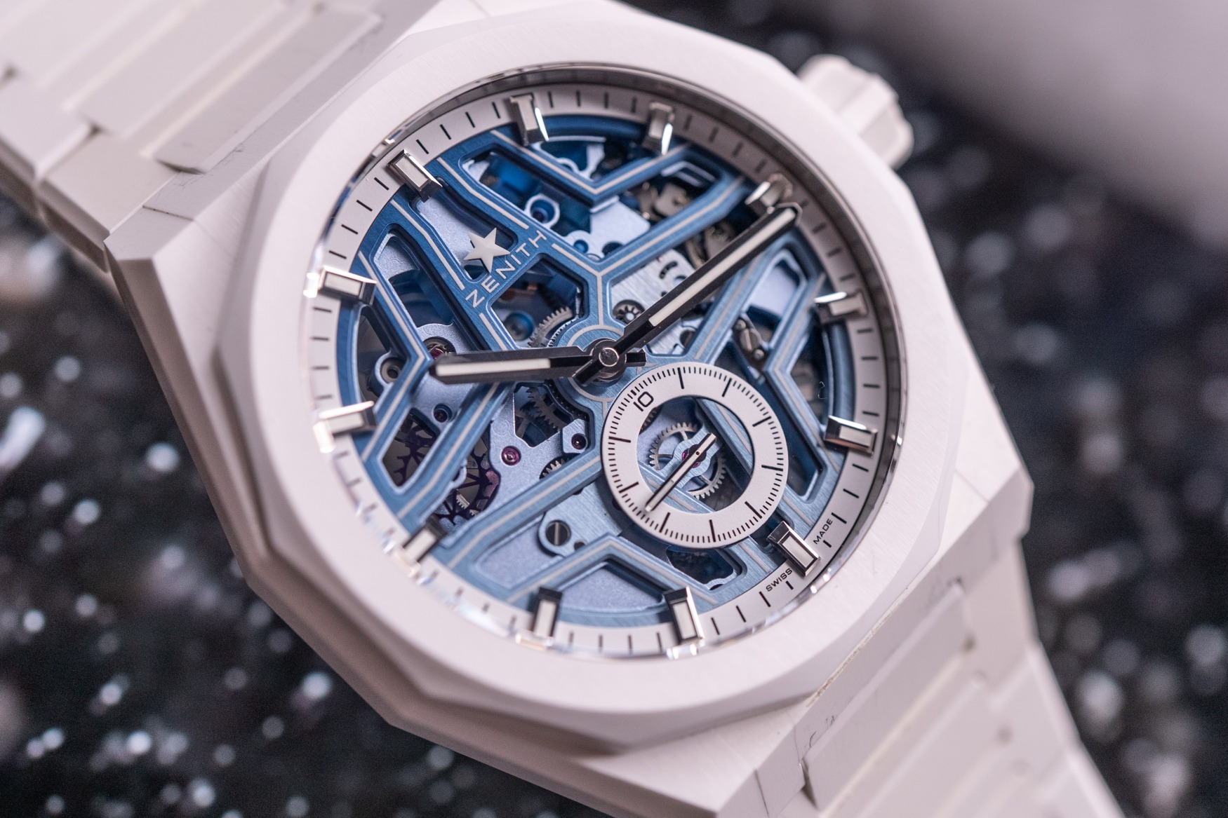 Zenith x Time+Tide Defy Skyline Skeleton White Surfer Ceramic dial closeup