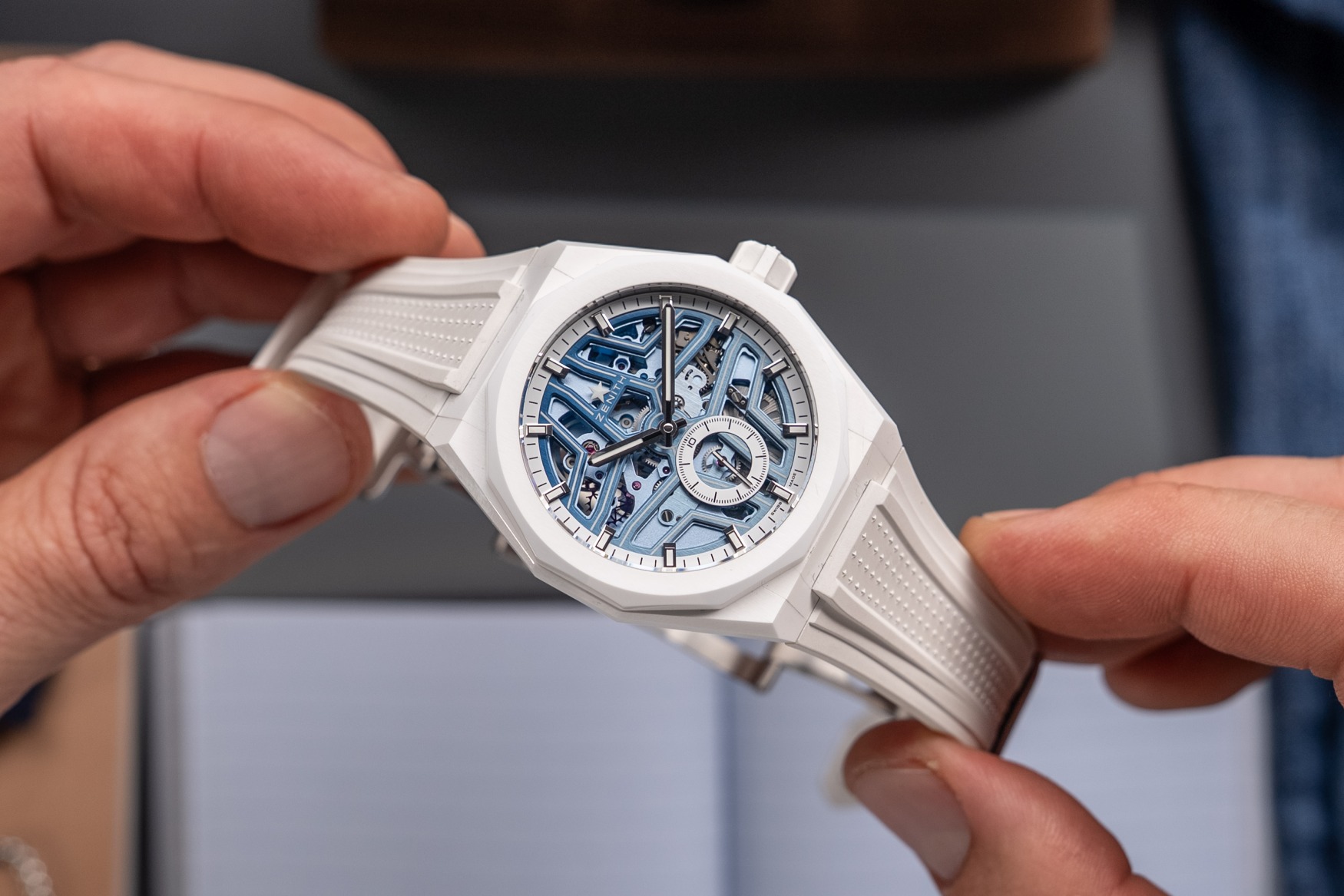 Zenith x Time+Tide Defy Skyline Skeleton White Surfer Ceramic rubber in hand
