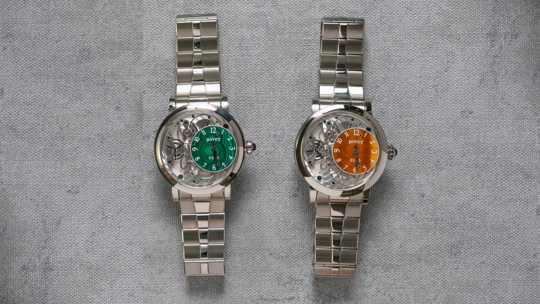 Bovet goes natural, offering the Récital 12 with malachite and tiger’s eye dials