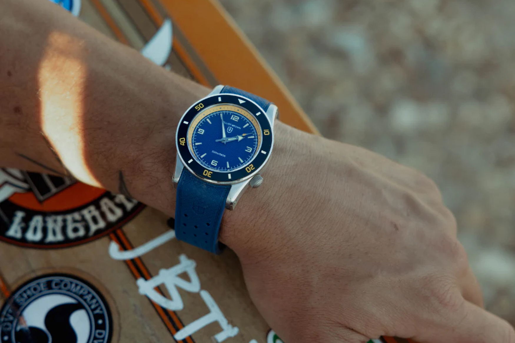 Elliott Brown Box Worth Heritage Diver Orange Lifestyle Blue Yellow