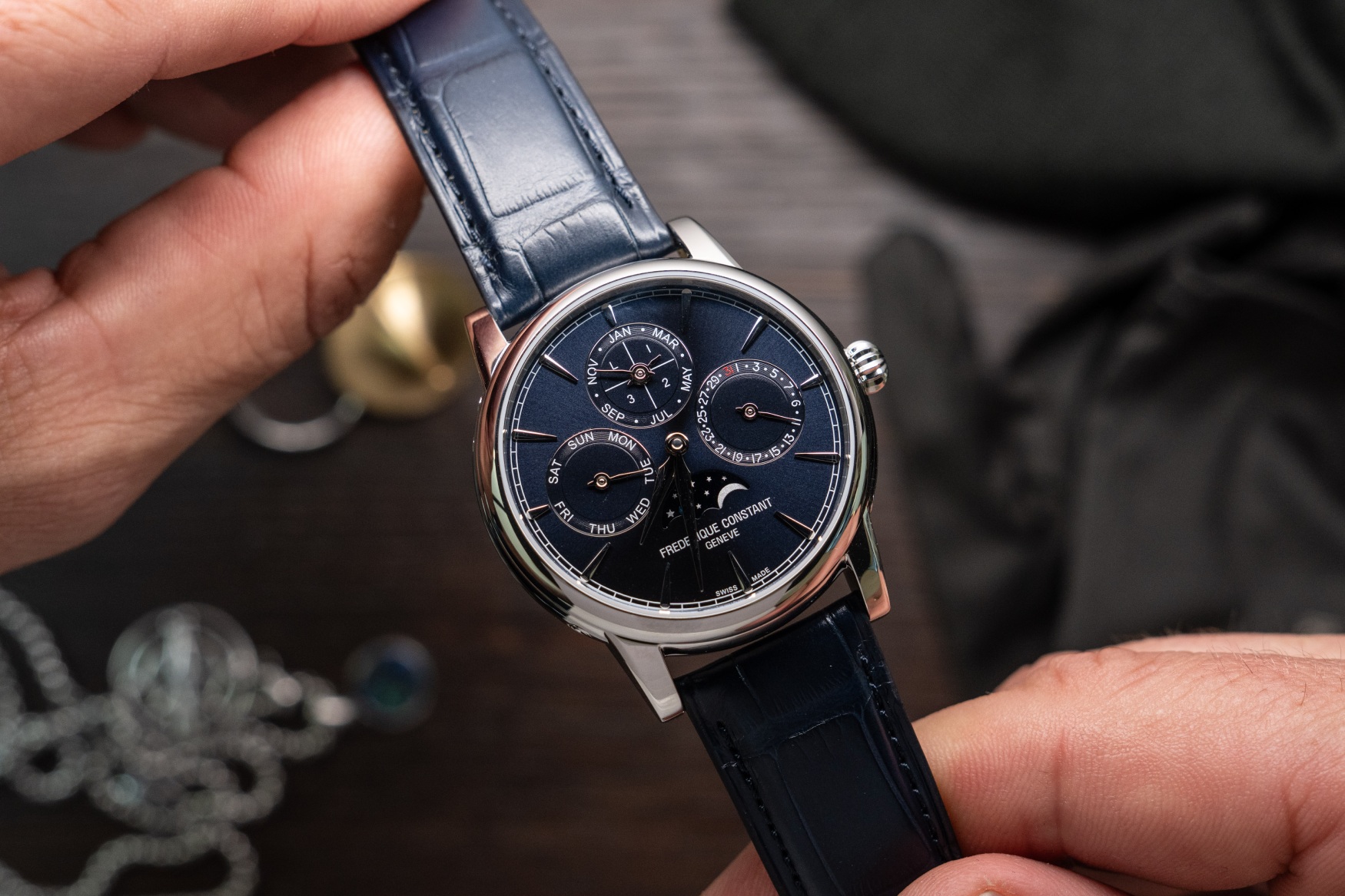 Frederique Constant Classic Perpetual Calendar Manufacture GWD25 blue in hand