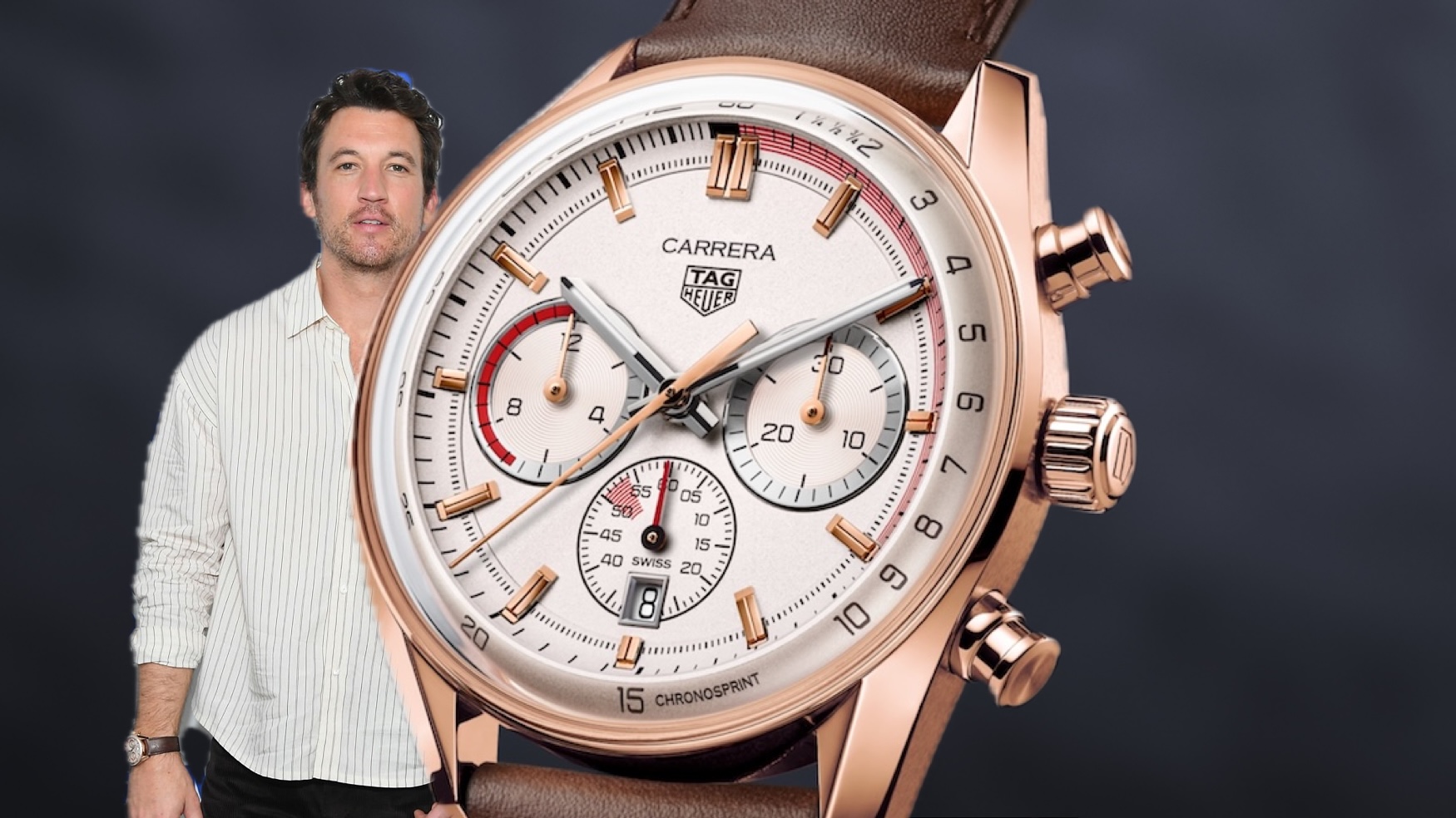 Miles Teller wears a TAG Heuer x Porsche Chronosprint on SNL