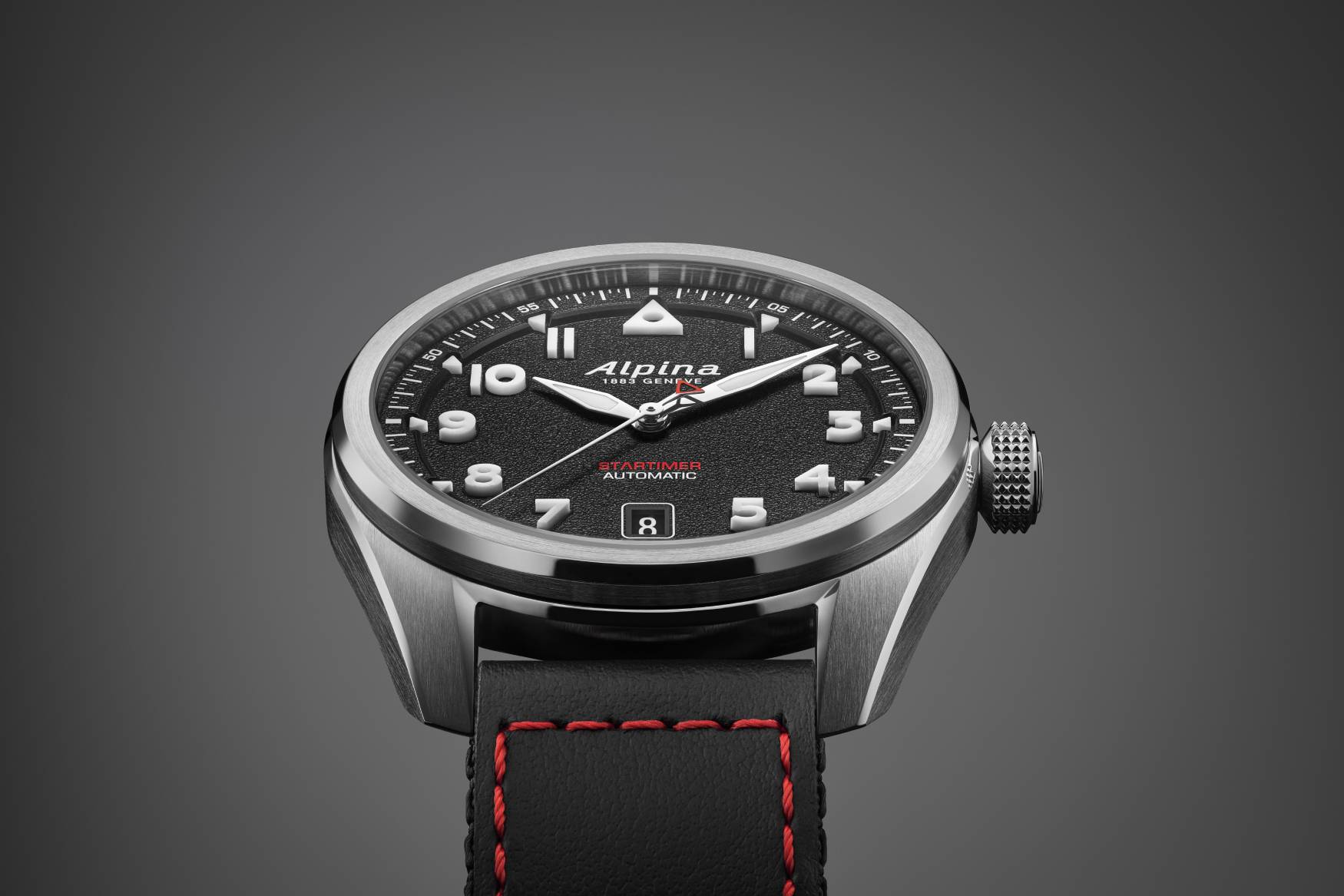 alpina startimer pilot automatic black closeup angle