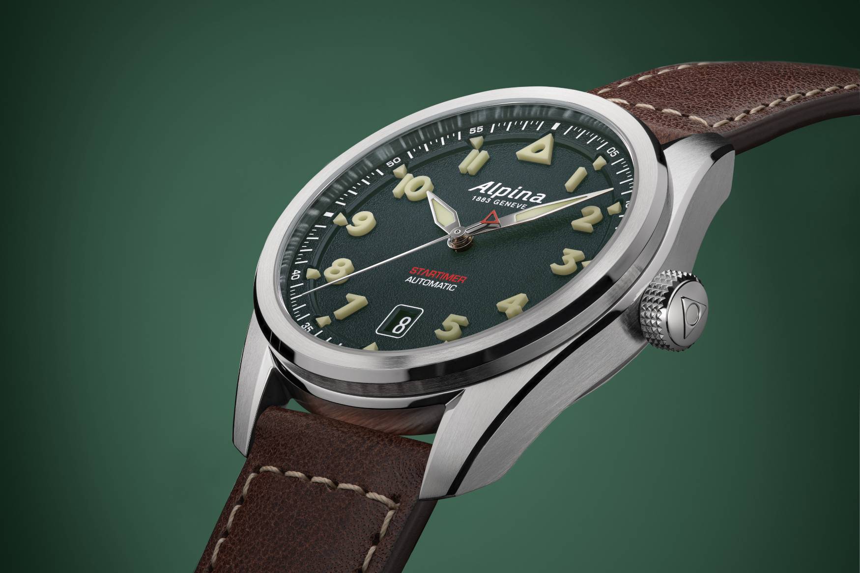 alpina startimer pilot green close up angle